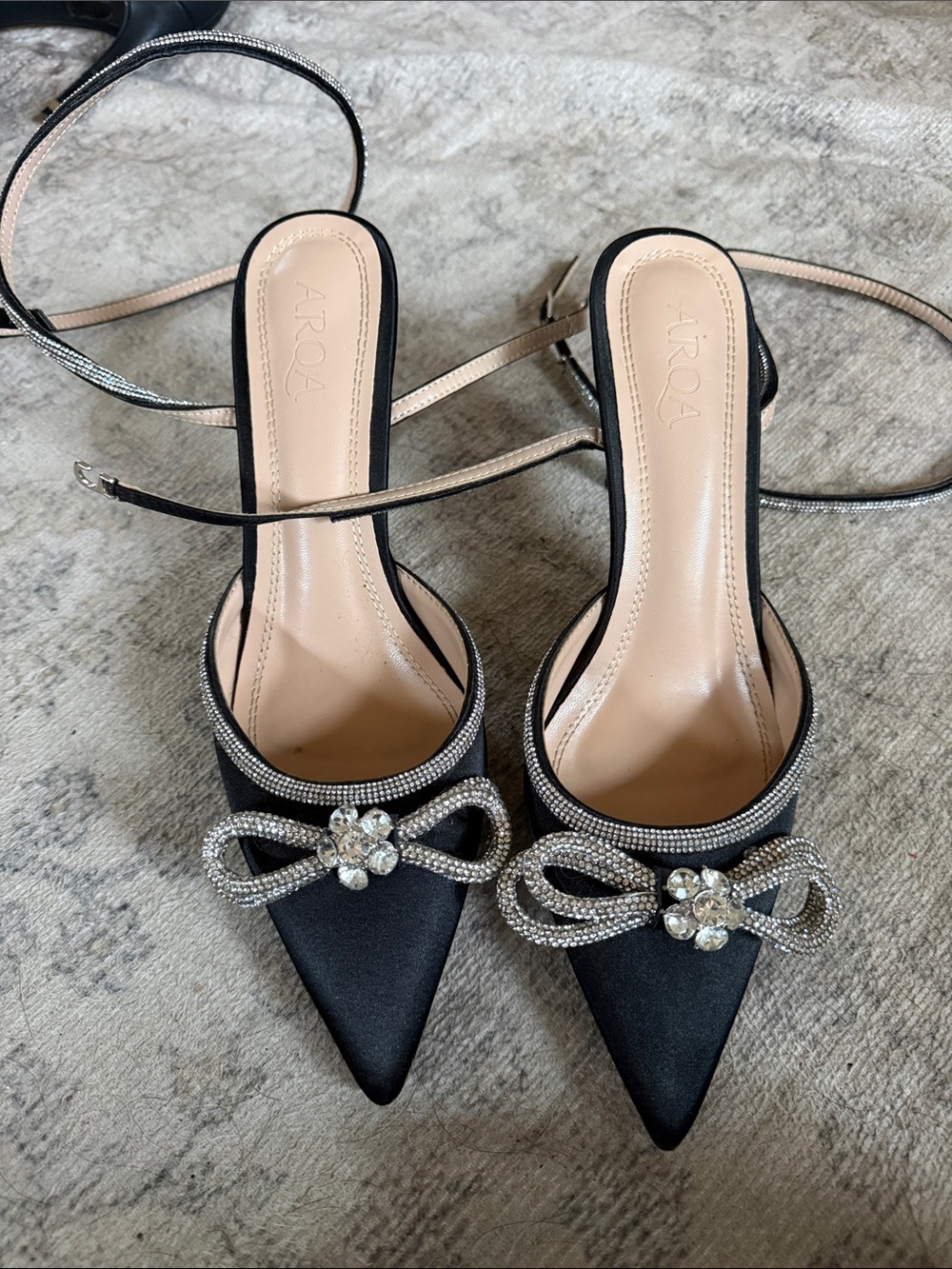 Black Satin Pointed Toe Embellished Wrap Up Heels